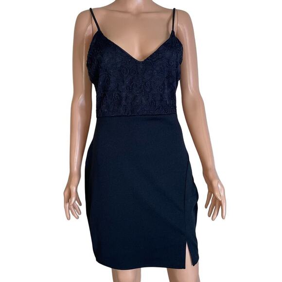 E.L.H. Studio black dress mini V-neck Satin V-neck mini body-con lace top NEW LG - Picture 2 of 10